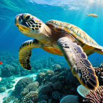 **

Underwater scene at Apo Island Marine Sanctuary, Philippines. Focus on a large sea turtle swimming amidst colorful schools of fish. Clear, turquoise water with vibrant coral reefs in the background. Natural sunlight filtering through the water, creating a sense of serenity.

**