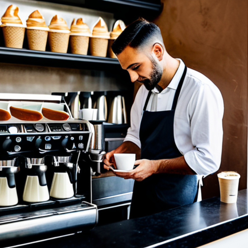 ** A professional barista, fully clothed in appropriate work attire, preparing a cappuccino at a stylish caf&eacute; in Rome. Natural pose, correct proportions, well-formed hands. The caf&eacute; is bustling with activity, showcasing Italian cafe culture. Safe for work, family-friendly, high quality image.

**