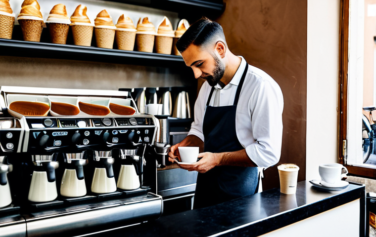 ** A professional barista, fully clothed in appropriate work attire, preparing a cappuccino at a stylish caf&eacute; in Rome. Natural pose, correct proportions, well-formed hands. The caf&eacute; is bustling with activity, showcasing Italian cafe culture. Safe for work, family-friendly, high quality image.

**