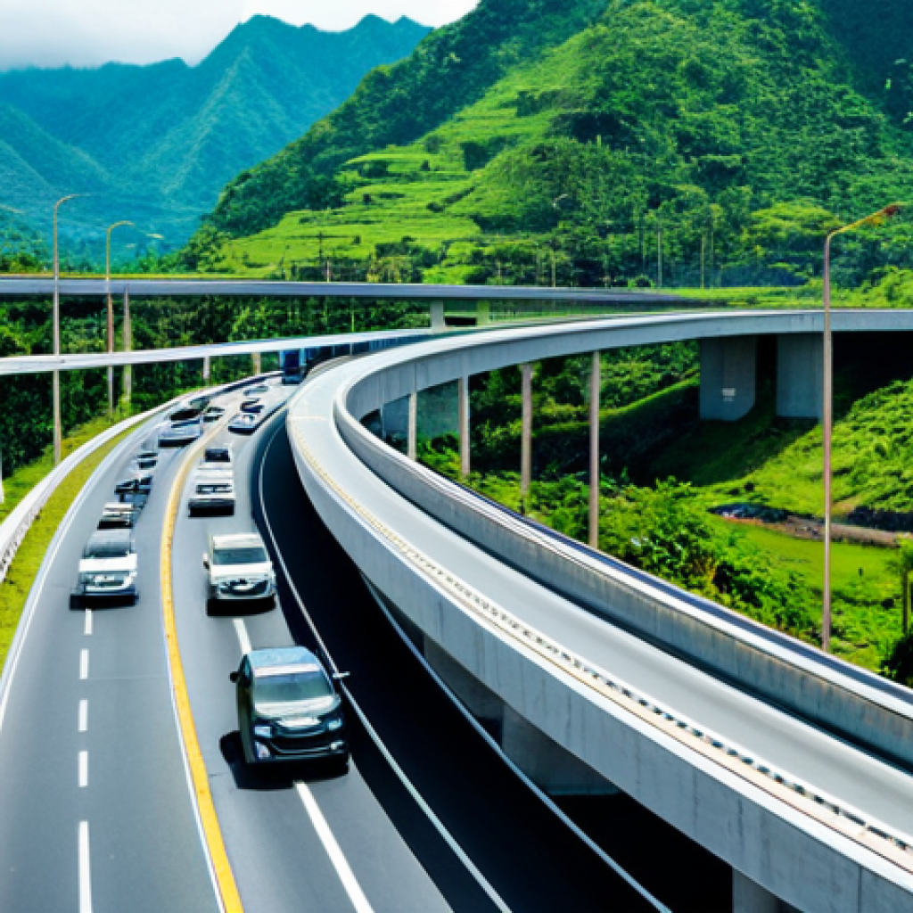 Modern Infrastructure Development**

"A wide shot of a newly constructed highway bridge in the Philippines, showcasing modern architectural design and efficient traffic flow. Lush green mountains in the background. Focus on showcasing the progress and improved connectivity. safe for work, appropriate content, fully clothed workers in construction attire, professional, perfect anatomy, correct proportions, daytime shot, high resolution, realistic."

**