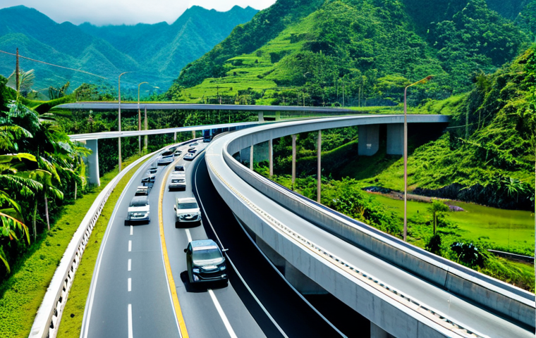 Modern Infrastructure Development**

"A wide shot of a newly constructed highway bridge in the Philippines, showcasing modern architectural design and efficient traffic flow. Lush green mountains in the background. Focus on showcasing the progress and improved connectivity. safe for work, appropriate content, fully clothed workers in construction attire, professional, perfect anatomy, correct proportions, daytime shot, high resolution, realistic."

**