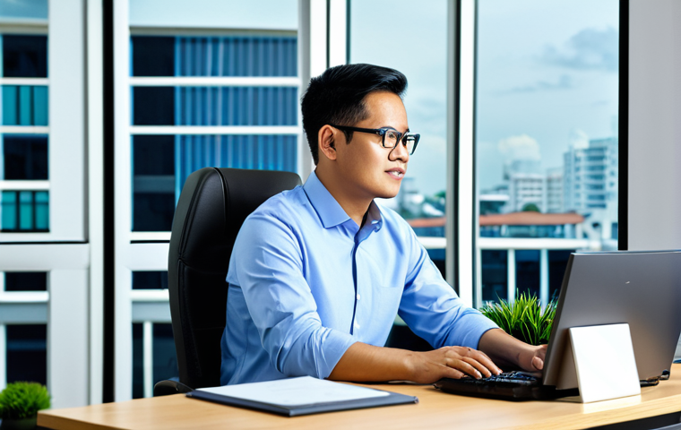필리핀에서 취업하는 법 - IT Professional**
"A professional IT specialist in a modern, brightly lit office in Manila, working...