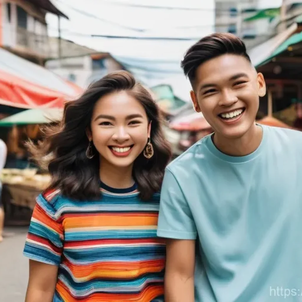 필리핀 소셜미디어 해시태그 트렌드 - **Prompt: "A dynamic and vibrant scene of three young Filipino adults, two women and one man, in the...