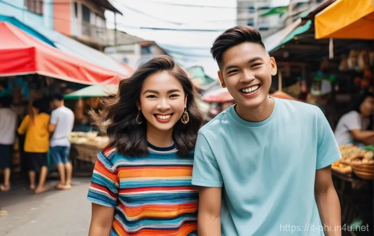 필리핀 소셜미디어 해시태그 트렌드 - **Prompt: "A dynamic and vibrant scene of three young Filipino adults, two women and one man, in the...
