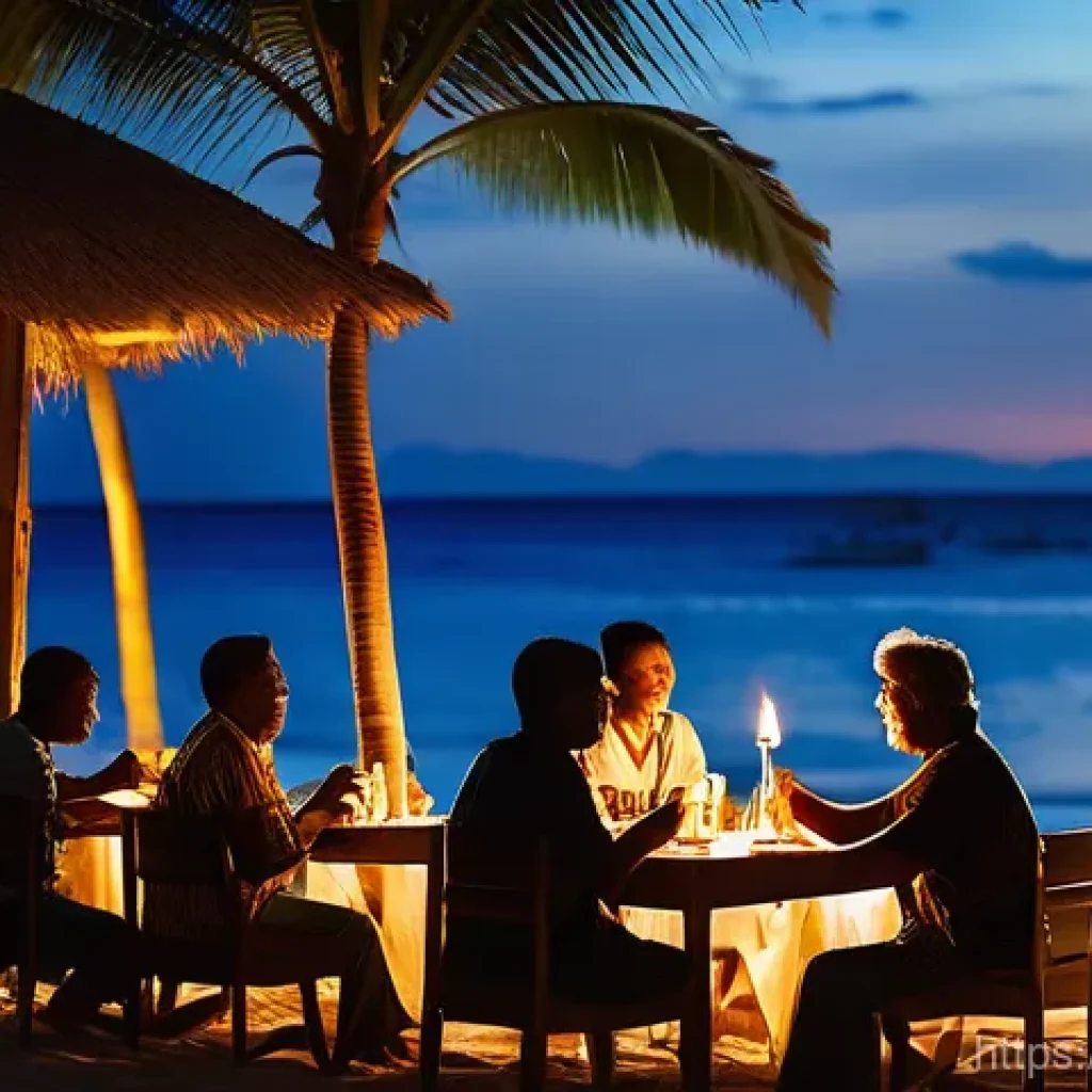 필리핀 전력 시스템과 문제점 - **Prompt:** A serene evening scene at a small, open-air beachside restaurant in Palawan, Philippines...