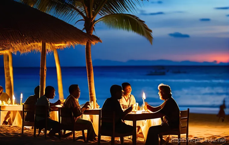 필리핀 전력 시스템과 문제점 - **Prompt:** A serene evening scene at a small, open-air beachside restaurant in Palawan, Philippines...