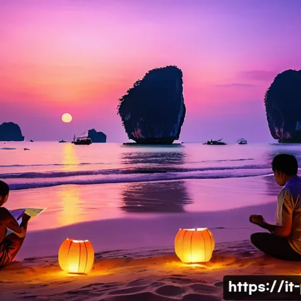 필리핀과 태국 비교 여행 정보 - **Serene Thai Sunset and Floating Lanterns**
    A breathtaking wide-angle shot of a tranquil tropic...