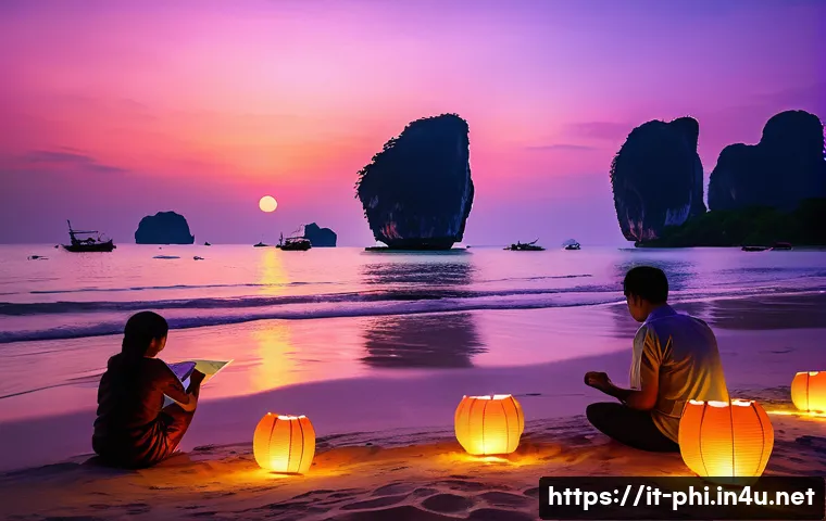 필리핀과 태국 비교 여행 정보 - **Serene Thai Sunset and Floating Lanterns**
A breathtaking wide-angle shot of a tranquil tropic...