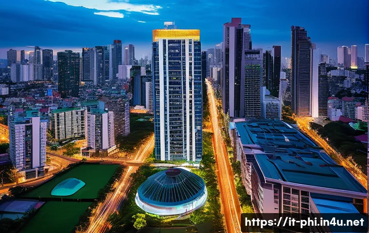 필리핀 부동산 투자 가이드 - A vibrant urban skyline of Manila at sunset, showcasing modern high-rise condominiums and luxury apa...