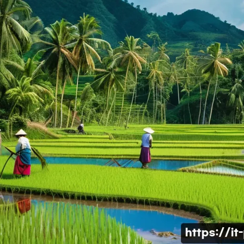 필리핀 농촌 체험 여행 가이드 - A vibrant and immersive scene of Filipino rice farmers harvesting rice in flooded terraces under a w...