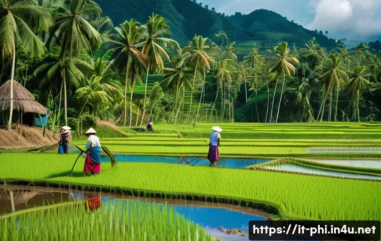 필리핀 농촌 체험 여행 가이드 - A vibrant and immersive scene of Filipino rice farmers harvesting rice in flooded terraces under a w...