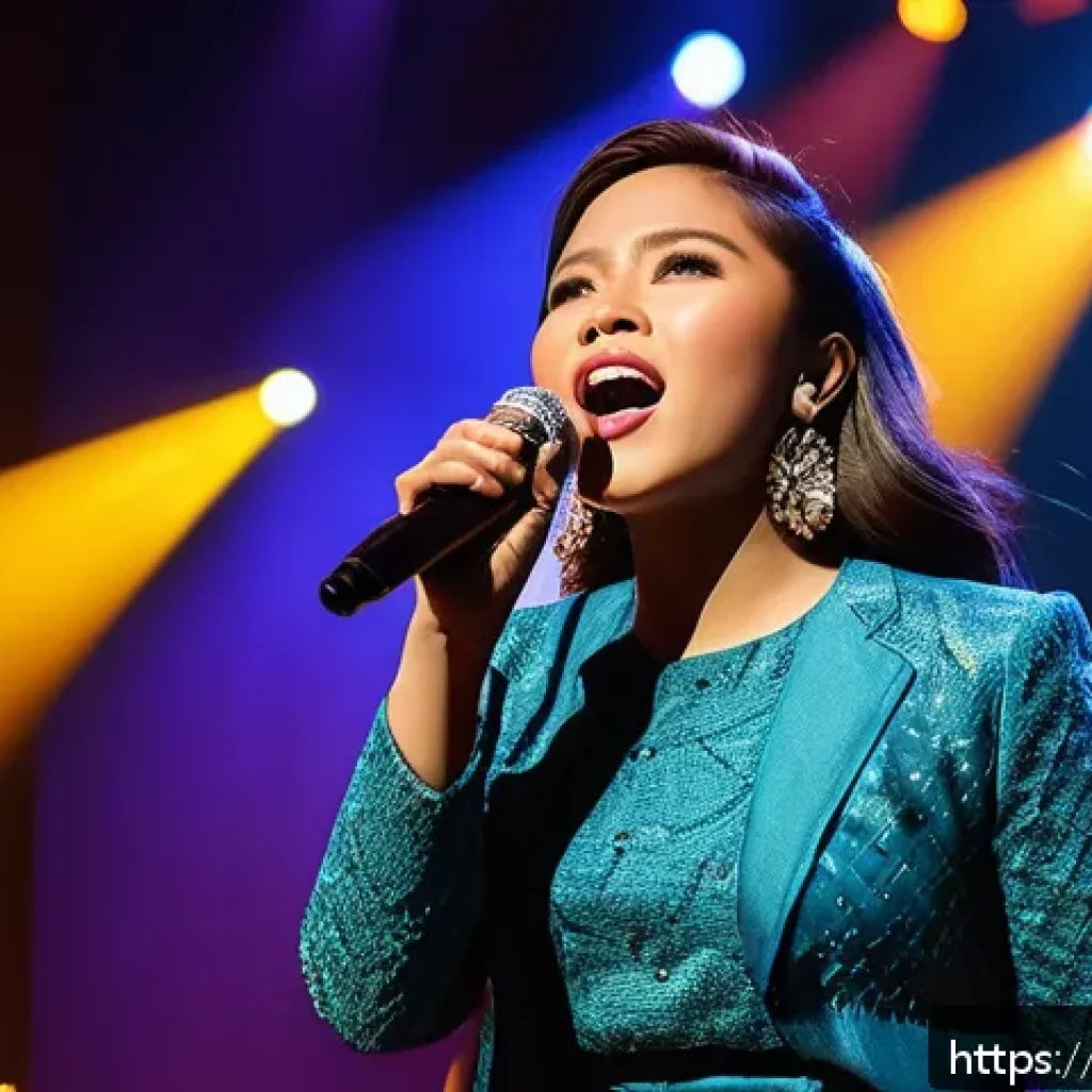 필리핀 가수 모리셋 아몬 - A vibrant concert scene featuring a Filipina female singer on stage, wearing stylish modern attire w...