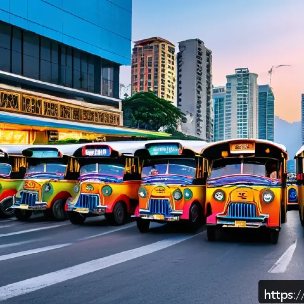 필리핀 생활의 장단점 - A bustling street scene in Manila at sunset, showcasing a vibrant mix of traditional jeepneys and mo...