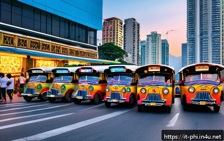 필리핀 생활의 장단점 - A bustling street scene in Manila at sunset, showcasing a vibrant mix of traditional jeepneys and mo...