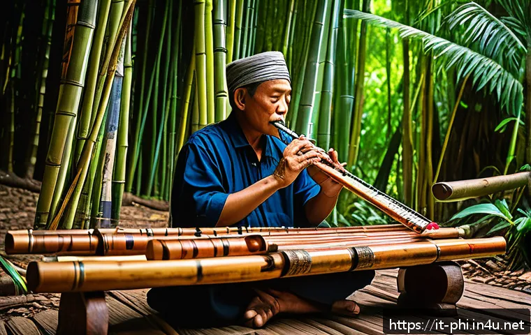 필리핀 전통악기 쿠디옹 - A traditional Filipino indigenous musician playing the Kudyong bamboo flute during a vibrant cultura...