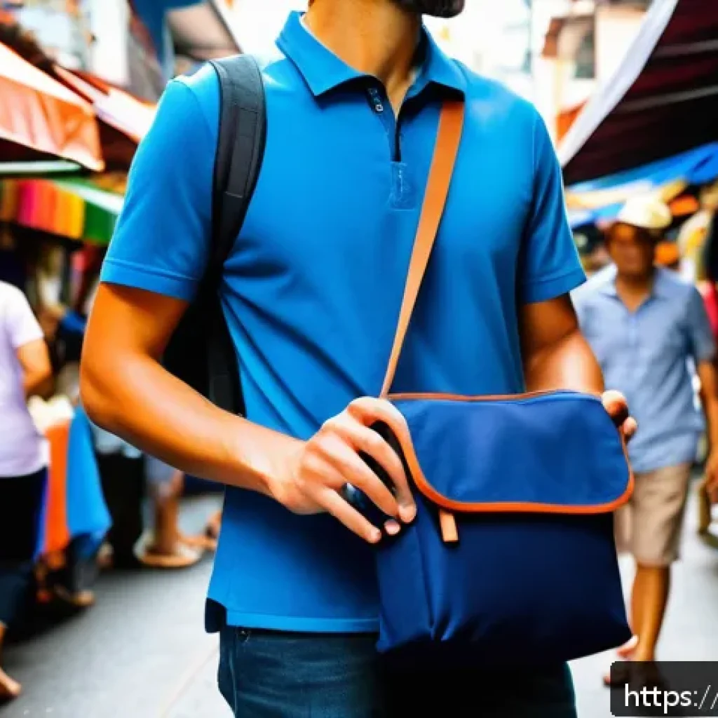 필리핀 소매치기 예방 방법 - A medium-sized, navy blue crossbody bag made of durable, water-resistant fabric with a sturdy zipper...