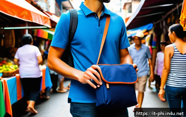 필리핀 소매치기 예방 방법 - A medium-sized, navy blue crossbody bag made of durable, water-resistant fabric with a sturdy zipper...
