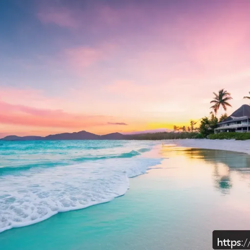 보라카이 화이트비치 여행 정보 - A serene sunset scene at Boracay&rsquo;s Station 1 beach, featuring fine white talcum-like sand stretching...