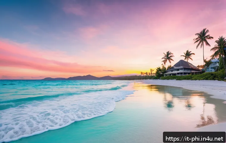 보라카이 화이트비치 여행 정보 - A serene sunset scene at Boracay&rsquo;s Station 1 beach, featuring fine white talcum-like sand stretching...