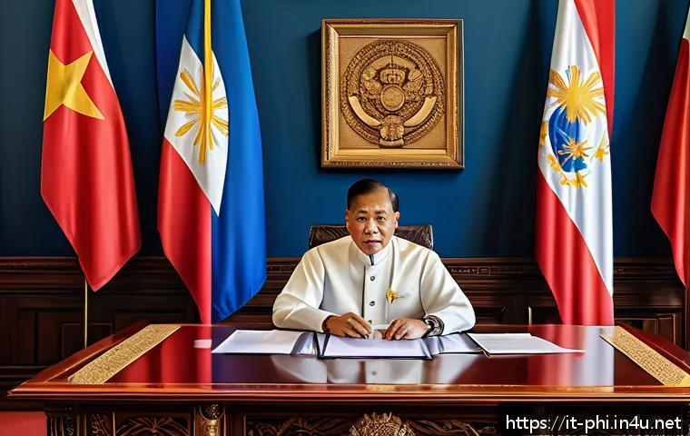 필리핀 정치 구조 이해 - A detailed and vibrant digital painting of the Philippine President&rsquo;s office interior, showcasing th...