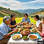 Home 22 필리핀과 한국의 음식문화 비교 - A vibrant and detailed dining scene featuring a traditional Filipino family feast outdoors in a sunn...