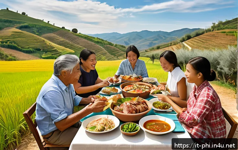 필리핀과 한국의 음식문화 비교 - A vibrant and detailed dining scene featuring a traditional Filipino family feast outdoors in a sunn...