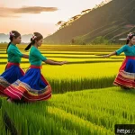 Home 21 필리핀 전통 춤 티니클링 - A vibrant outdoor scene of Filipino dancers performing the traditional Tinikling dance in a rural Ph...