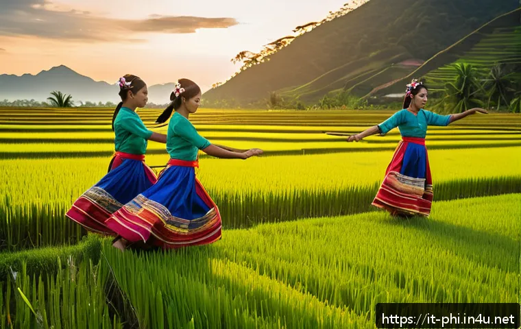 필리핀 전통 춤 티니클링 - A vibrant outdoor scene of Filipino dancers performing the traditional Tinikling dance in a rural Ph...
