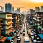 Home 20 필리핀 인터넷 속도와 서비스 - A detailed urban street scene in Manila, Philippines, showing a bustling neighborhood with visible f...