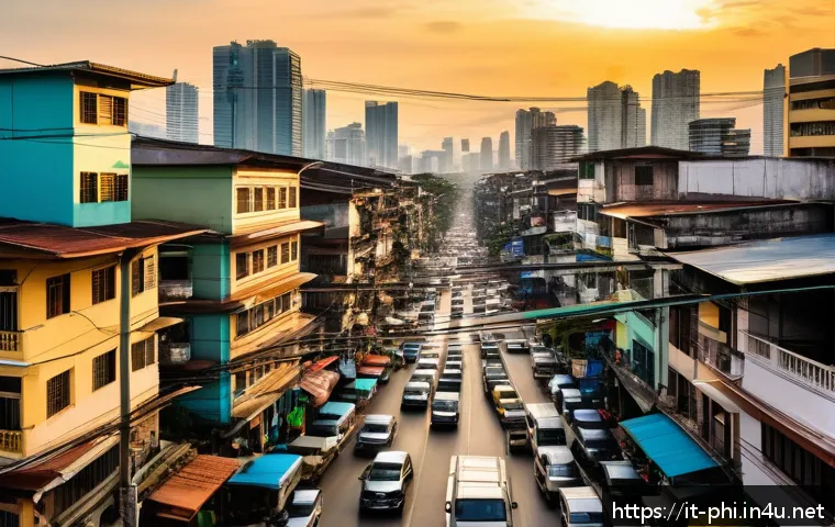 필리핀 인터넷 속도와 서비스 - A detailed urban street scene in Manila, Philippines, showing a bustling neighborhood with visible f...