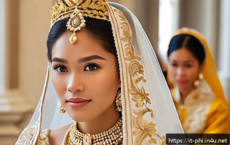 필리핀 결혼식 문화 - A Filipino bride dressed in an elegant traditional pi&ntilde;a fabric wedding gown with intricate golden em...
